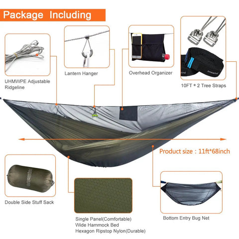 Double Camping Hammock With Mosquito Net Ridgeline And Straps 11Ft Lightweight Nylon Ripstop shown with package contents