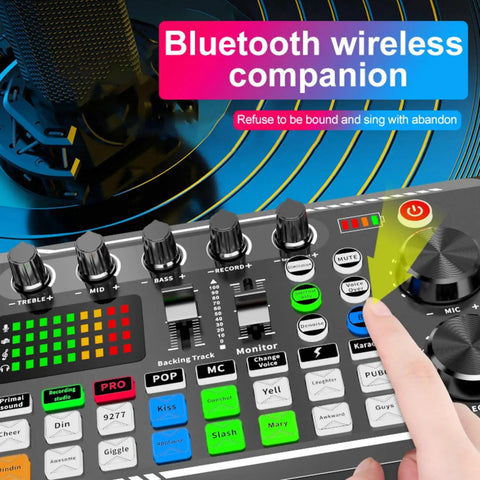 F998 Podcast Gear Bundle For TikTok And YouTube Vlogs Audio Interface And Soundboard close-up of control knobs and buttons