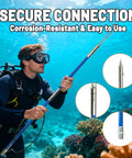 Diver using Fiberglass Hawaiian Sling Spearfishing Pole Set With 3 Replaceable Stainless Steel Tips Fish Line Holder Sharpening Files And Carry Bag For Reef Shallow And Deep Water Hunting Beast Ready underwater.