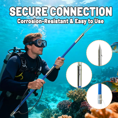 Diver using Fiberglass Hawaiian Sling Spearfishing Pole Set With 3 Replaceable Stainless Steel Tips Fish Line Holder Sharpening Files And Carry Bag For Reef Shallow And Deep Water Hunting Beast Ready underwater.