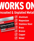 Mag And Aluminum Metal Polish That Restores Dull Surfaces To A Showroom Shine Easy Buff Perfect For Aluminum Stainless Steel Brass Chrome And More 5 Oz Jar in bright red packaging with list of metals.