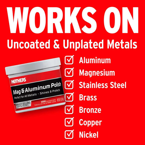 Mag And Aluminum Metal Polish That Restores Dull Surfaces To A Showroom Shine Easy Buff Perfect For Aluminum Stainless Steel Brass Chrome And More 5 Oz Jar in bright red packaging with list of metals.