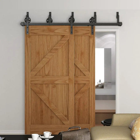 Rustic Spoke Double Track Bypass Sliding Door Hardware Kit, 6 Foot Rail, Industrial Wheel Roller System With 120mm Spoke Wheel And 6mm Strap, Includes Two 1830mm Tracks, Heavy Duty, Easy Install Barn Door Hardware