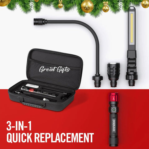 3-In-1 LED Work Light with Magnetic Base and Gooseneck, flashlight kit with carrying case, flexible shaft, and slim bar light