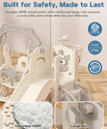 Close-up of Toddler Indoor Outdoor Seven In One Playset showing durable HDPE material and cream gray design with safety certifications.