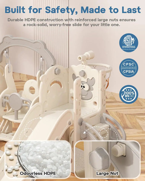Close-up of Toddler Indoor Outdoor Seven In One Playset showing durable HDPE material and cream gray design with safety certifications.