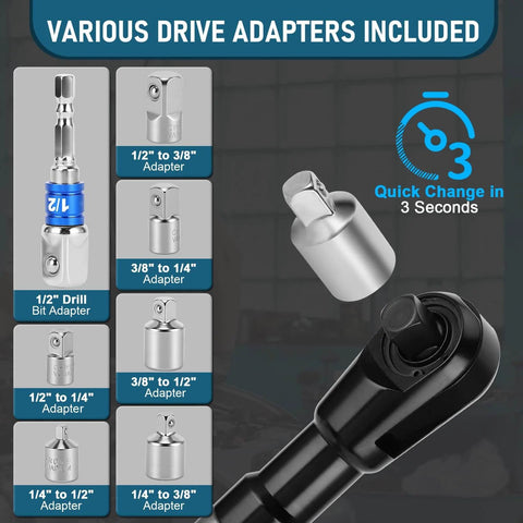 Various drive adapters compatible with One Half Inch Offset Impact Wrench Extension Kit For Tight Spaces, showing adapter types.