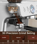 Level Up Your Daily Grind With This 15 Bar Dual Boiler Espresso Machine Featuring A Quick Built In Grinder And Auto Milk Frother For Silky Lattes And Smooth Home Sipping Anytime, showing 30 precision grind settings.