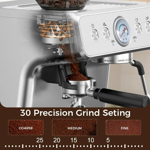 Level Up Your Daily Grind With This 15 Bar Dual Boiler Espresso Machine Featuring A Quick Built In Grinder And Auto Milk Frother For Silky Lattes And Smooth Home Sipping Anytime, showing 30 precision grind settings.