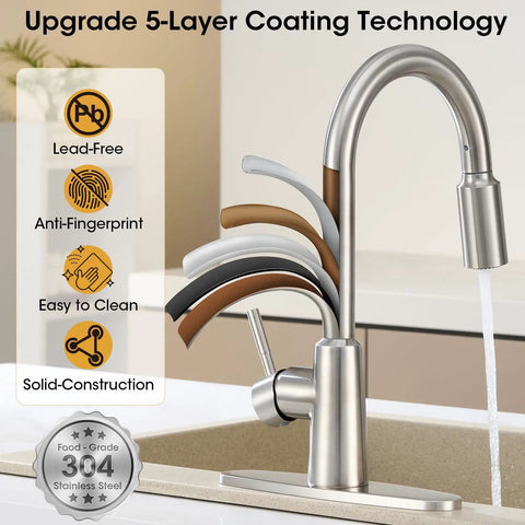 Smooth Operator Brushed Nickel Kitchen Faucet With Pull Down Sprayer Providing Three Versatile Flow Settings And A Flexible Swivel Spout For No Sweat Cleaning at kitchen sink.