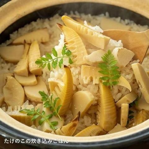 Hase En Kamado San Earthenware Rice Pot with bamboo shoots and fern on top of rice, showcasing its use in Japanese cooking.