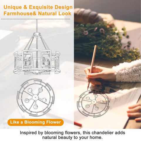 Twenty Inch Five Light Farmhouse Chandelier Featuring Walnut Wood And Matte Black Metal shown with floral design inspiration.