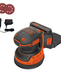 Cordless Orbital Sander With 12,000 OPM For Fast Material Removal, battery, charger, and two sandpaper sheets visible