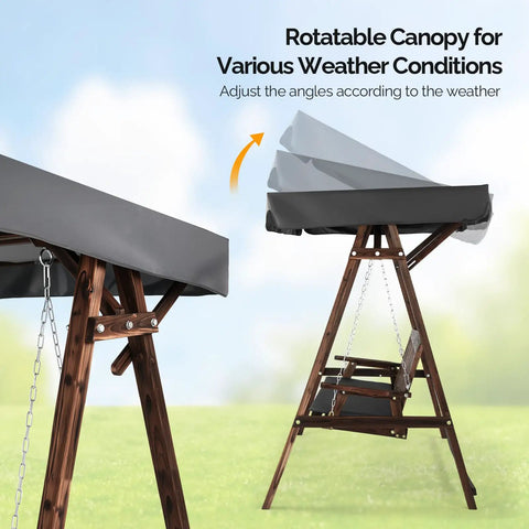Porch Swing With Stand And Canopy Rustic Wooden Garden Swing Chair with adjustable tilt canopy for sun blocking.