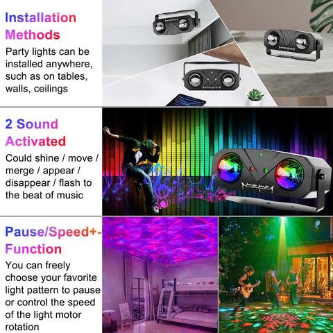 Sound Activated Disco Light Projector With Remote Control for parties, showing installation options and light patterns.