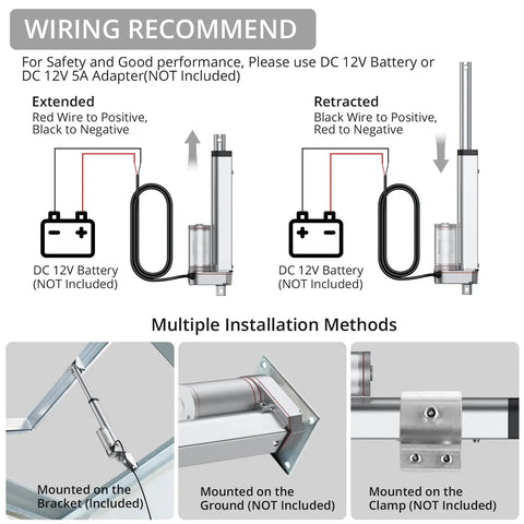 Wiring diagram and installation methods for 12V Beefed Up Heavy Duty Linear Actuator 225 Lbs 1000 N 6 Inch Silent IP65 With Brackets.