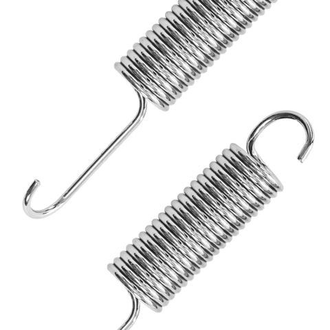 Grab This Solid Set Of Killer Replacement Tension Springs For Recliner Sofa Chair Pull Cord Mechanism Quick Swap Top Shelf Heavy Duty Steel Coils Silver Furniture Hardware Pack Of Two close-up of two silver steel tension springs with hooks.