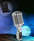 Retro Dynamic Vocal Microphone with Classic Metal Design and accessories, showing steel mesh grill and swivel mount on stage