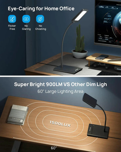 Bright Dimmable Eye Caring Desk Lamp with Three Color Modes and Flexible Gooseneck in home office setting
