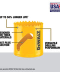 Front view of a yellow DEWALT bi-metal hole saw with serrated teeth and DEWALT logo.