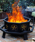35 Inch Octagonal Outdoor Fire Pit with roaring flames, wood burning on a patio, durable iron build with rust-resistant finish