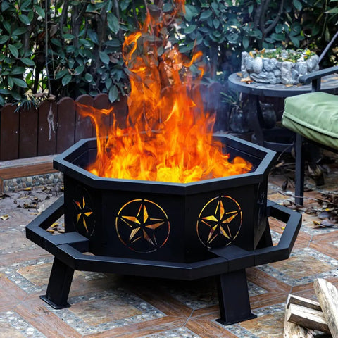 35 Inch Octagonal Outdoor Fire Pit with roaring flames, wood burning on a patio, durable iron build with rust-resistant finish