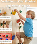 Gear Up And Crush Your Next Session With This Solid Rock Climbing Holds Kit Featuring Twenty Five Multi Colored Grips Paired With A Heavy Duty Knotted Rope Plus Full Mounting Hardware Ready For All Day Wall Workouts, child climbing on colorful grips
