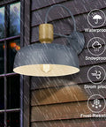 Outdoor Barn Light Gooseneck With Hammered Metal Shade In Gold Farmhouse Exterior Wall Mount Sconce For Porch Entryway And Garage Vintage Industrial Lighting Fixture Eco Friendly Wood Grain Accent 2 Pack, showing waterproof and frost-resistant features in the rain.
