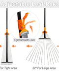 Long Handle Leaf Rake For Lawns With Adjustable Head 61 Inch Heavy Duty Rake Made From High Carbon Steel Tines Zinc Plated with adjustable head sizes shown