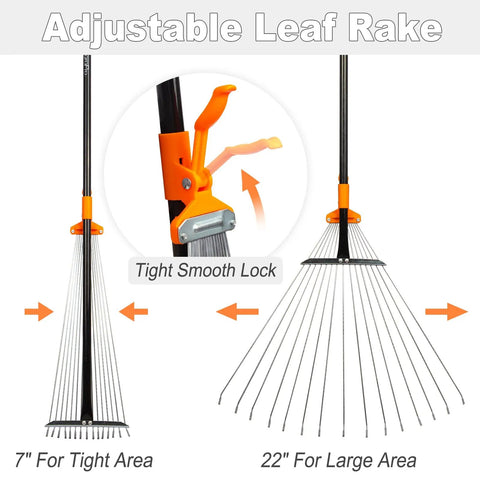 Long Handle Leaf Rake For Lawns With Adjustable Head 61 Inch Heavy Duty Rake Made From High Carbon Steel Tines Zinc Plated with adjustable head sizes shown