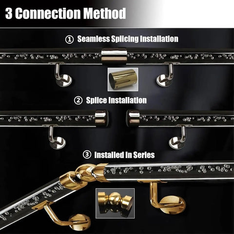 Connection methods for Slick Clear Acrylic Stair Handrails With Rock Solid Stainless Brackets And Non Slip Surface.