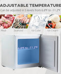 Hella Quiet 1.1 Cu Ft Countertop Upright Mini Freezer In Snazzy Steel White displaying adjustable temperature range for frozen food.