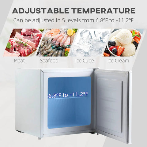 Hella Quiet 1.1 Cu Ft Countertop Upright Mini Freezer In Snazzy Steel White displaying adjustable temperature range for frozen food.