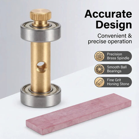 Pro Grade Watch Screwdriver Sharpening Set With 3000 Grit Copper Stone showcasing brass spindle and honing stone