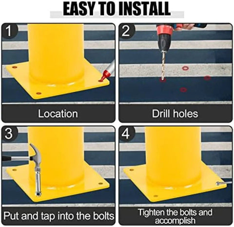 Installation steps for Rock Solid Steel Safety Bollard Heavy Duty Four Pack 48 Inch Tall Bright Yellow Traffic Posts.