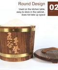 Brown Fir Wood Grain Rice Dispenser With Lid, Heavy Duty Sealed Pantry Storage Jar For Bulk Grains, round design with lid.