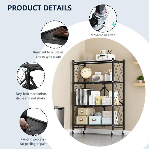 Heavy Duty Four Tier White Collapsible Metal Wire Shelving Rack That Folds Flat And Serves As A Total Game Changer For Organizing Kitchen Pantry Garage Or Living Room Spaces with easy-lock mechanism and swivel casters.