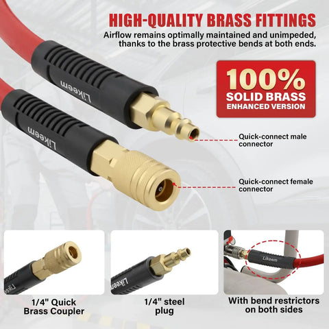 Close-up of 50 Ft Hybrid Air Hose For Compressors And Tools, 3/8 Inch Air Hose, 300 PSI Rating, brass fittings visible.