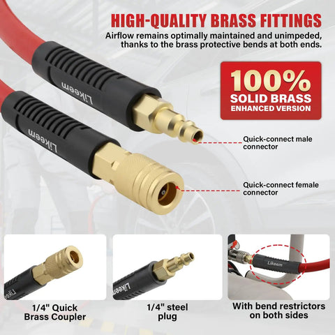 Heavy Duty Hybrid Air Hose 3/8 Inch By 25 Feet with solid brass fittings for optimal airflow and quick-connect ease.