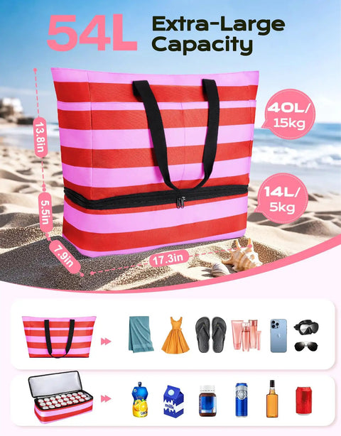 54L Beach Bag With Detachable Cooler, Waterproof And Sandproof Duffle Tote for Women, showing capacity and dimensions.