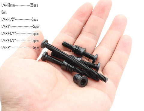 Heavy Duty Threaded Insert Nuts And Barrel Bolt Assortment Kit For Wooden Furniture and Crib Assembly with solid carbon steel bolts in hand.