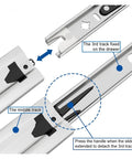 Diagram of 3-fold Side Mount Ball Bearing Drawer Rails Pair, 53mm Wide, 32 Inch Full Extension Soft Close, showing tracks and detachment.