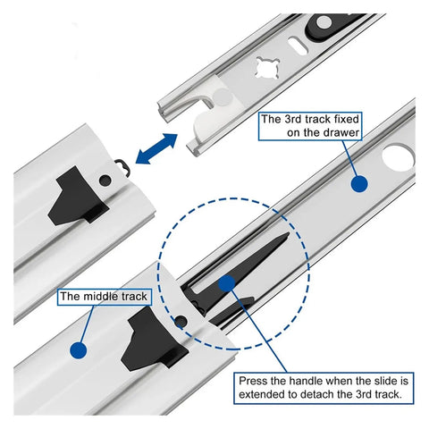 Diagram of 3-fold Side Mount Ball Bearing Drawer Rails Pair, 53mm Wide, 32 Inch Full Extension Soft Close, showing tracks and detachment.