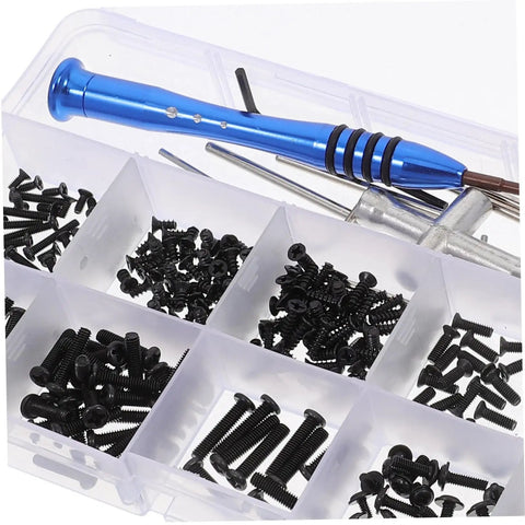 Rc Car Screw Tool Kit With Compact Storage Box, Gasket And Replacement Fasteners, Multi Model Compatibility, Durable Iron Tools And Wrench For Easy Maintenance And Quick Repairs in a storage box with screws and blue handle.