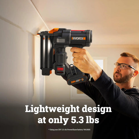 Heavy Duty Cordless Brad Nailer Fueled By 20V Brushless Motor And 18 Gauge Specs held at wall with light grip.