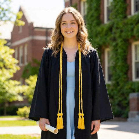 Graduate wearing black gown and 67 Inch Gold Graduation Honor Cord With Tassels, holding diploma, standing outside a brick building.