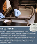 Wood stove door gasket rope 1in x 10ft, white fiberglass seal being installed on the door frame