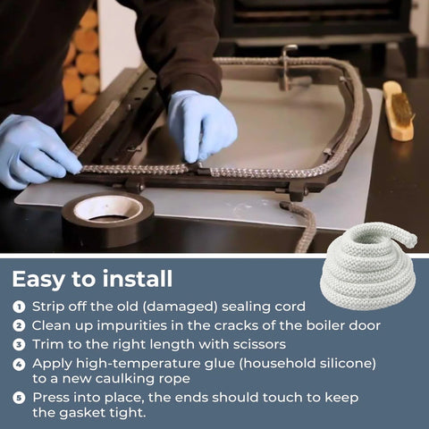 Wood stove door gasket rope 1in x 10ft, white fiberglass seal being installed on the door frame