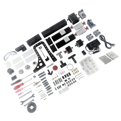 FTVOGUE 10 In 1 Mini Lathe Combo Machine Tool components, including motors, tools, and mounting parts for DIY projects.