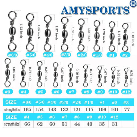 Beefy High Strength Fishing Swivels Set With Barrel Solid Ring And Rolling Line Connector Ideal For Saltwater And Freshwater Stainless Steel SUS304 With Black Nickel Finish 50 Pack 60Lb Capacity, size chart